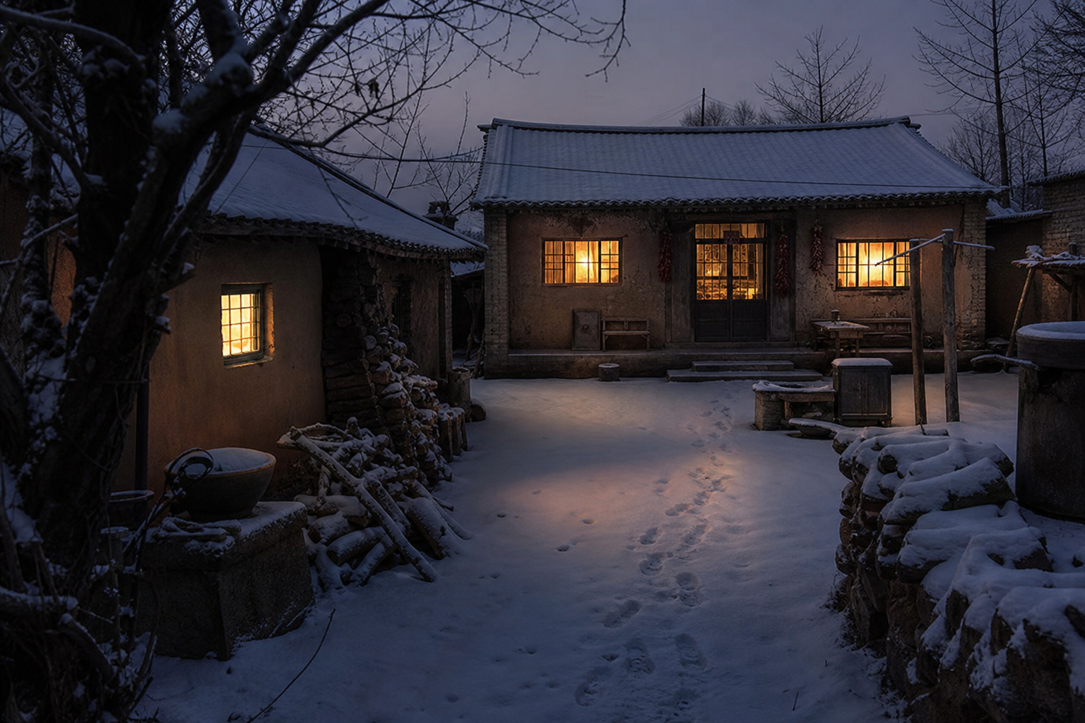 雪后院子的灯火